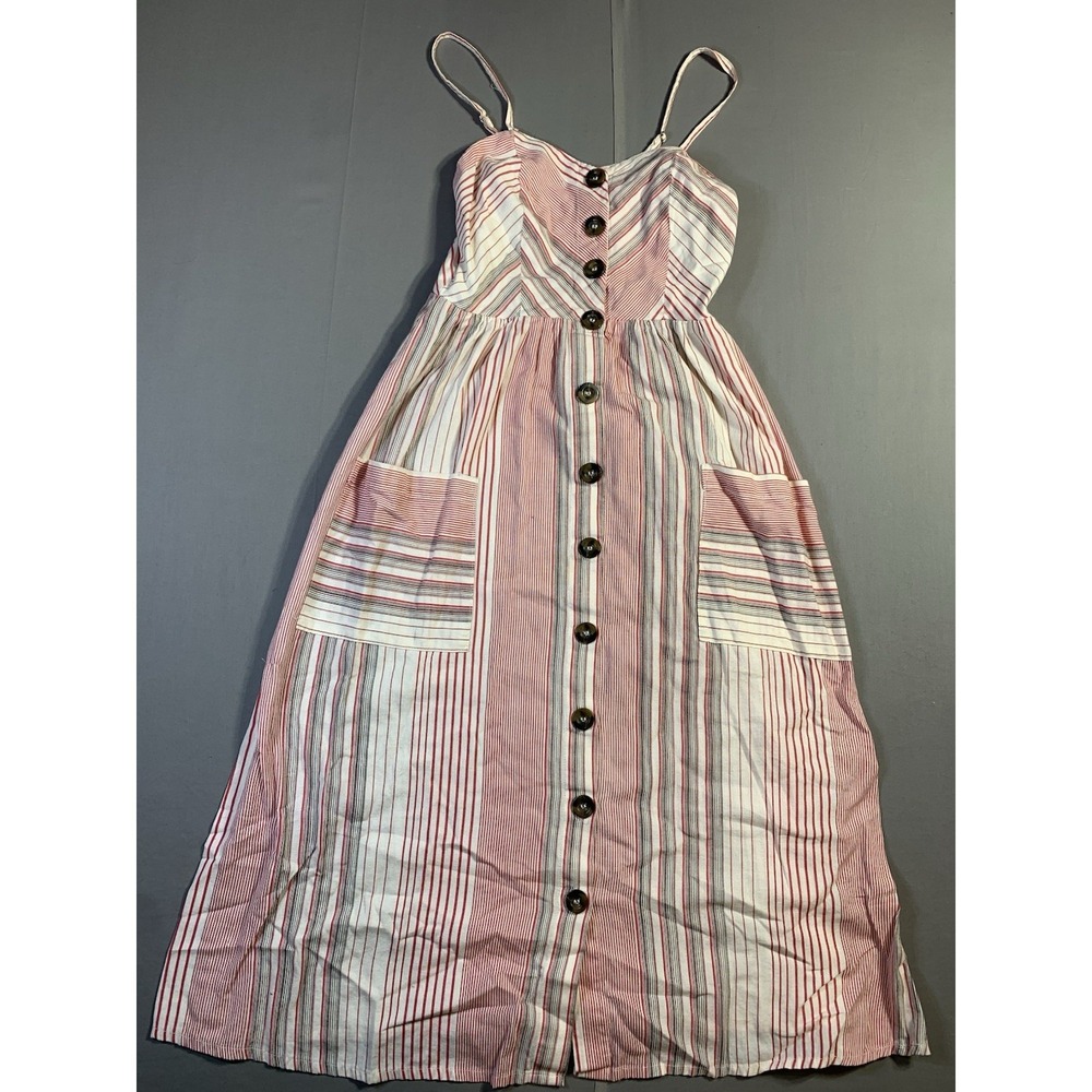 Japna Women's White Red Casual Dress Linen Cotton Striped Button Sweetheart Sz S